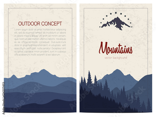 Set of stylish outdoor cards template. Vector backgrounds with blue mountains. Front and back page.