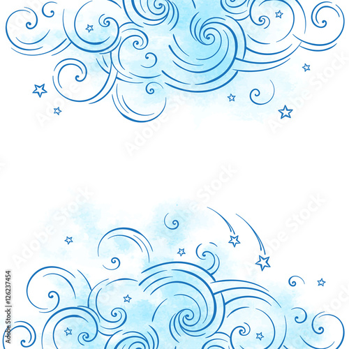 Blue dream cloud and shooting stars boho doodle background vector