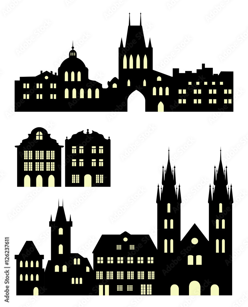 Set of european city silhouettes. Prague historic buildings. Vector black icons on white.