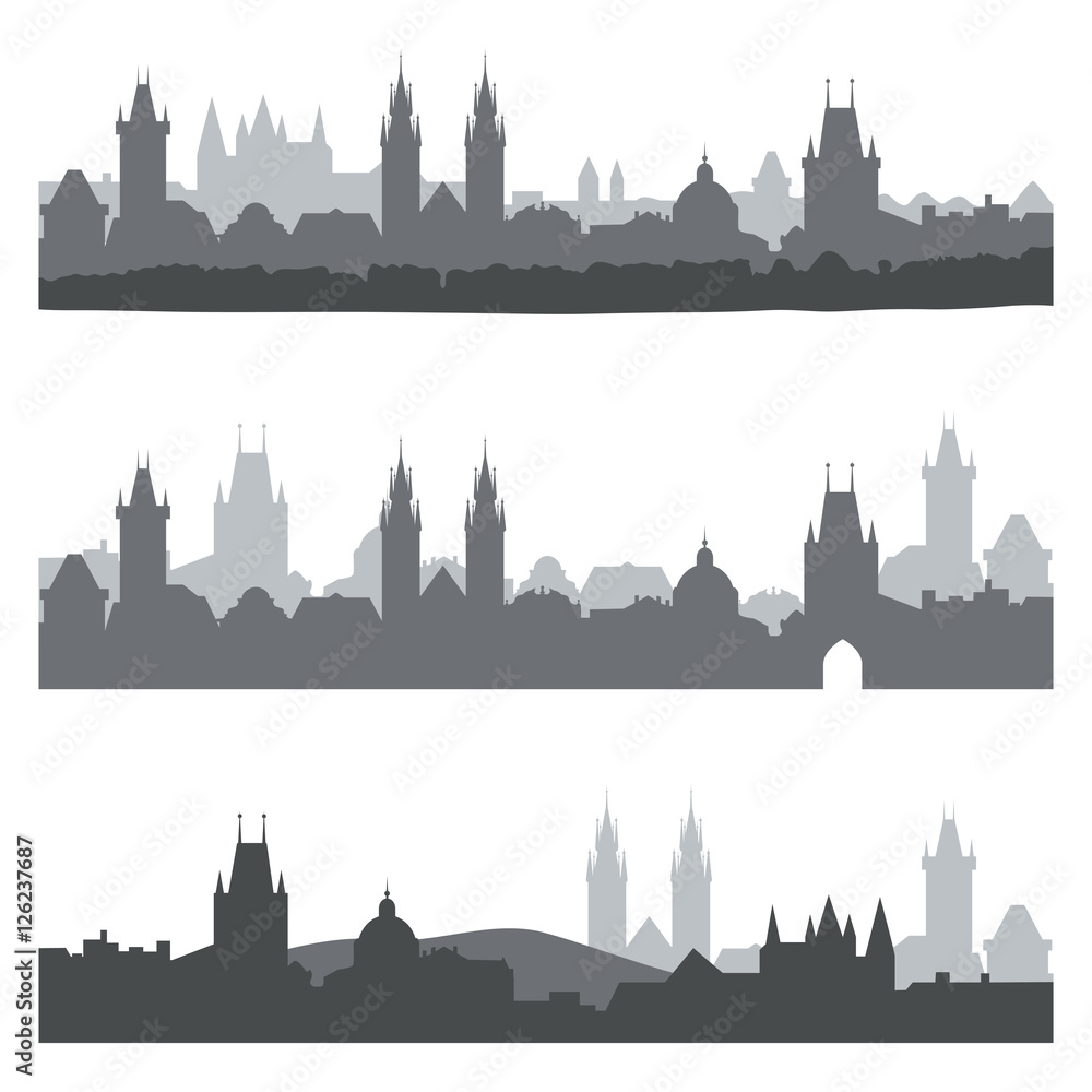 Silhouettes of old town of Prague. Set of city skylines in dark colors. Vector illustration for website or banner.