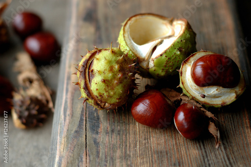 Several ripe chestnuts on a wooden background.