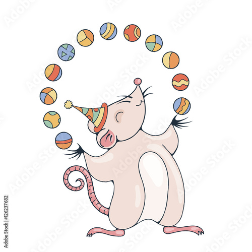 Illustration with a cheerful rat playing with a balls.