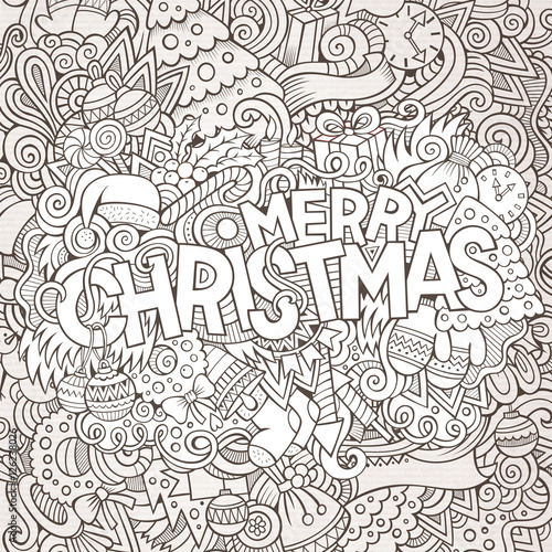 Fototapeta Naklejka Na Ścianę i Meble -  Merry Christmas hand lettering and doodles elements background. 