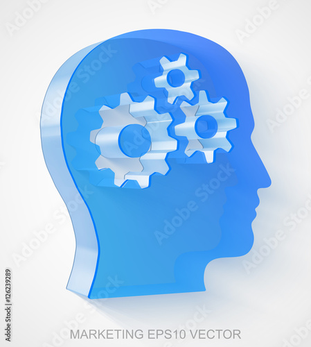 Marketing icon: extruded Blue Transparent Plastic Head With Gears, EPS 10 vector.