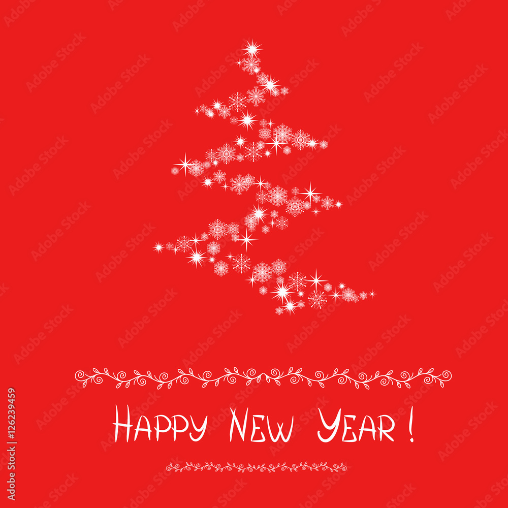 Merry Christmas and Happy New Year. Vector illustration of stylized christmas tree with snowflakes and greeting text on red background for cards, poster and banners design. Merry Christmas and Happy New Year. Vector illustration of stylized christmas tree with snowflakes and greeting text on red background for cards, poster and banners design.