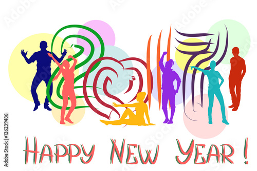 Happy New Year 2017. Vector illustration with people silhouettes for greeting cards, poster and banners design.