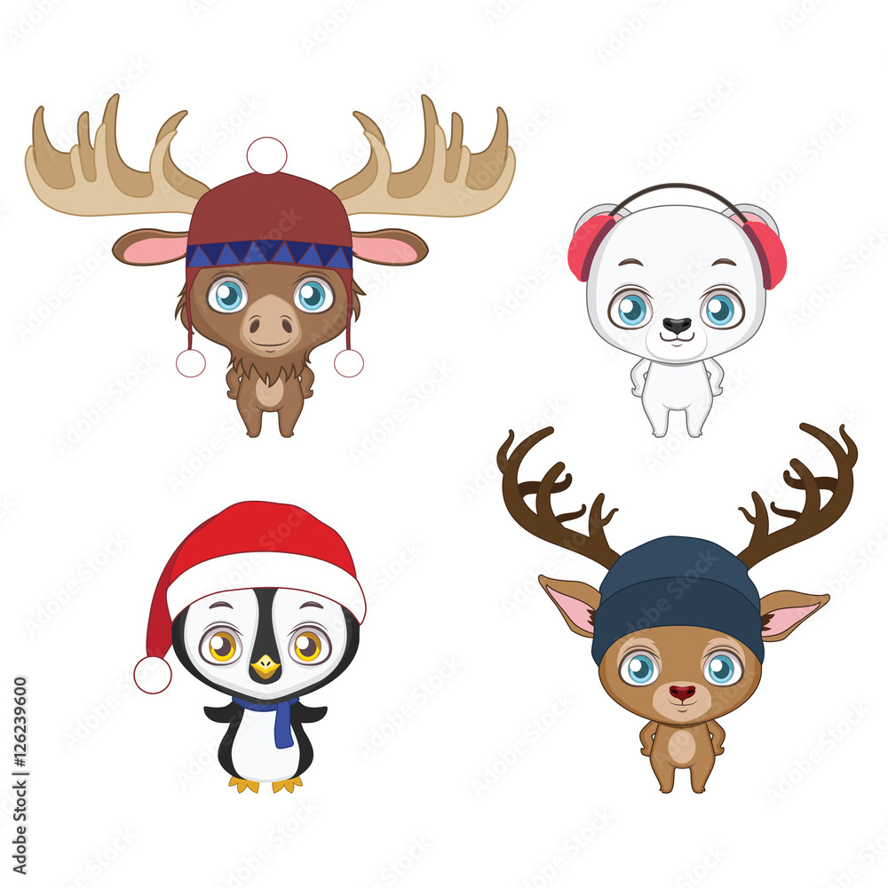 Set of winter animals in warm accesories