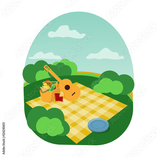place for a family picnic in the park, spread out a blanket, a basket of food, summer vacation