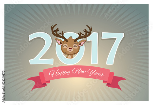 New Year's greeting with reindeer looking out of the number zero