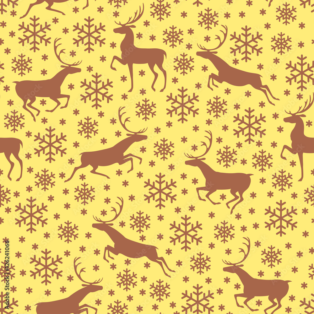 Brown pattern seamless with snowflakes and deer