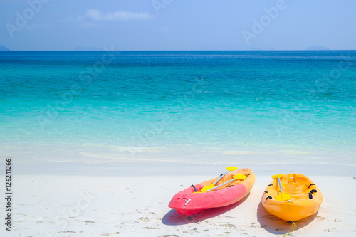 Colourful Kayak on white beach at Andaman Sea, Colourful Kayak with space for text wording