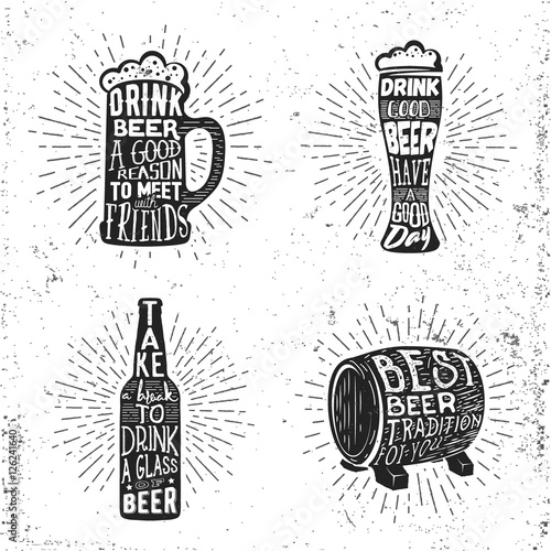 Creative beer set with glass, mug, bottle and barrel silhouette. Vector illustration with sunburst and lettering.