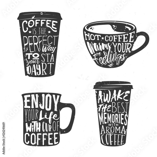 Creative set of logos design with coffee cup. Vector illustration with sunburst and lettering. Typography coffee lettering used for poster, card or banner.