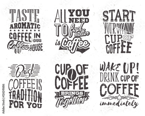 Set of coffee lettering. Vector illustration with hand drawn quote about coffee. Slogan used for advertising cafe, coffee shop, coffee house or poster, card and banner.
