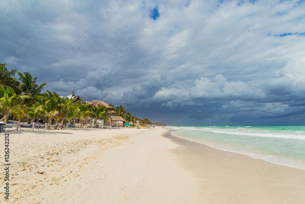 Beautiful beach. Storm sky over the sea/ Tulum, Mexico