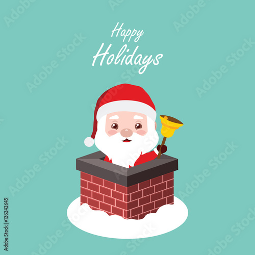 Christmas greeting with Santa looking out of a chimney and holdi