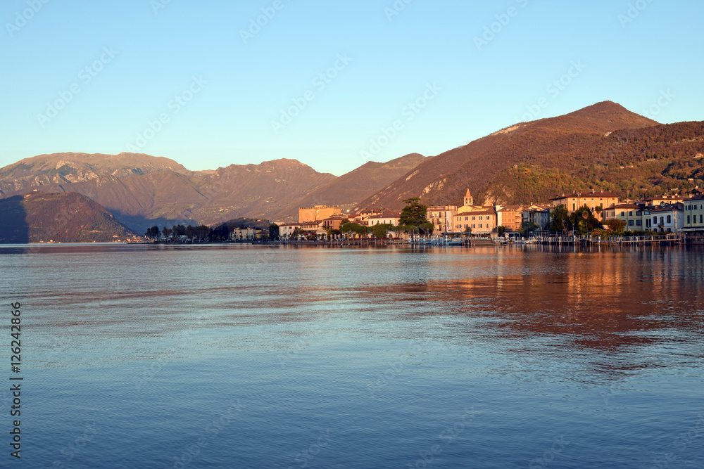 Panoramic view of the small town of Iseo and Lake Iseo in Bresci