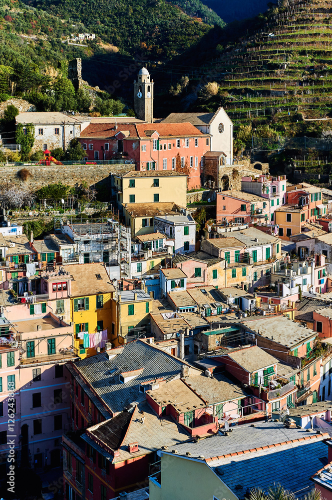 View to the Vernazza, small coastal village. Italy