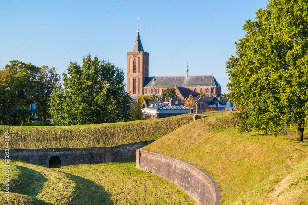 Rampart and church of Naarden, Netherlands