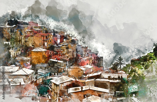 Digital watercolor painting of Manarola. Italy