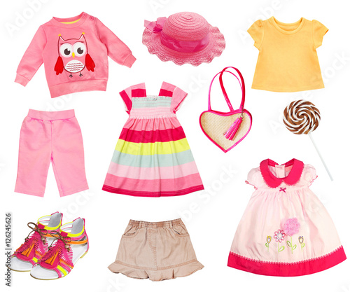 Pink clothes baby collage set isolated on white. photo