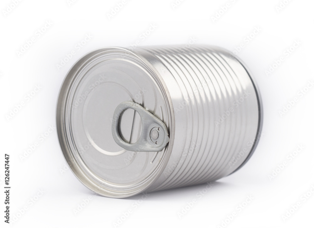 Perspective view of metal can on white background Perspective view of metal can on white background