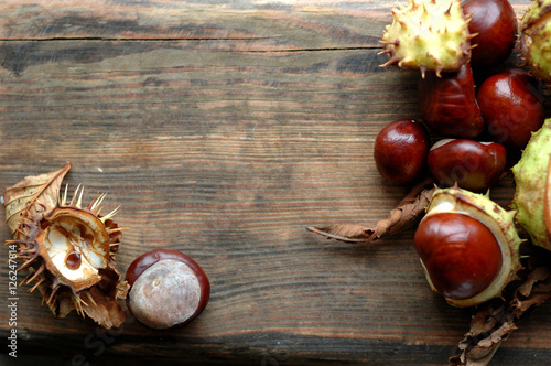 Several ripe chestnuts on a wooden background.