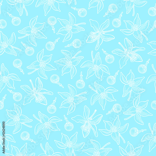 Seamless pattern with lemon flowers and buds on turquoise background. Vector hand drawn pattern. Good for packing design, textile industry, wallpapers and backgrounds.