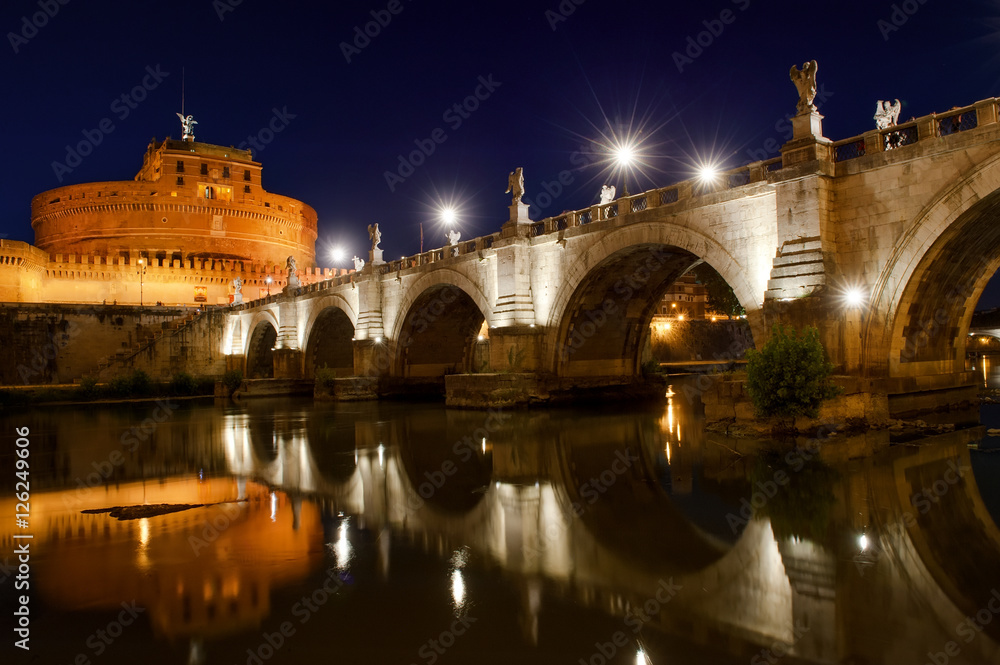 Castel Sant'Angelo and river Tiber view at night, Rome, Italy