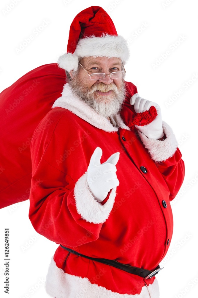 Portrait of santa claus holding christmas bag and gesturing Portrait of santa claus holding christmas bag and gesturing