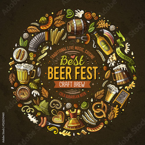 Set of Beer fest cartoon doodle objects round frame
