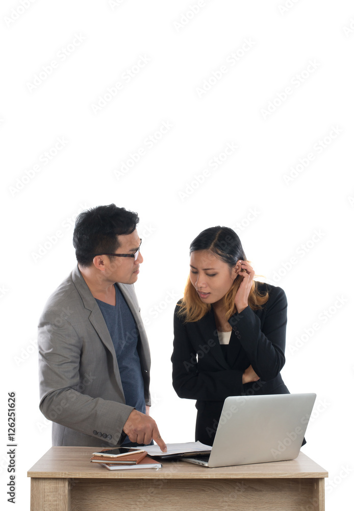 Young business woman standing with her boss conversation about t Young business woman standing with her boss conversation about t