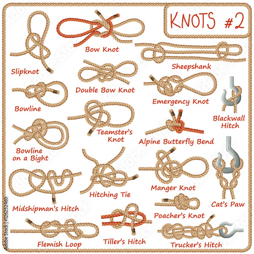 Set of rope knots, hitches, bows, bends isolated on white background