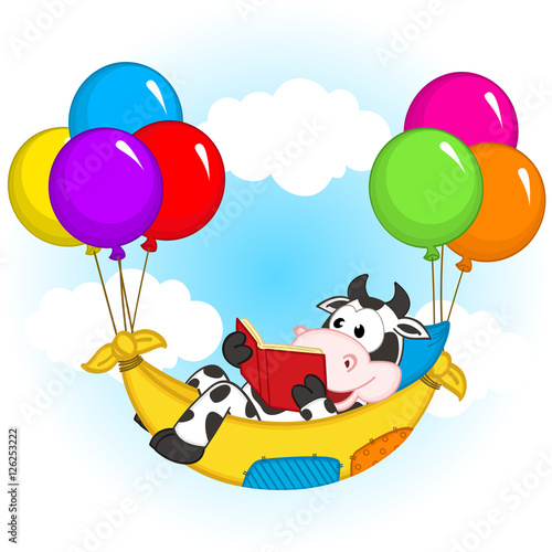 cow reading a book and flies on balloons in hammock - vector illustration, eps

