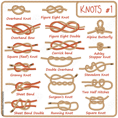 Set of rope knots, hitches, bows, bends isolated on white background. Decorative vector design