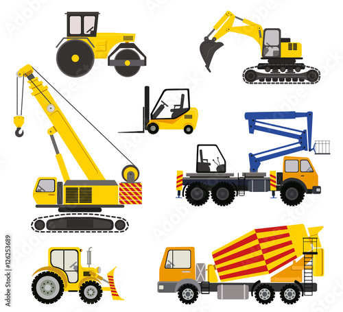 Cartoon road machinery illustration. Flat vector icons of constraction vehicles