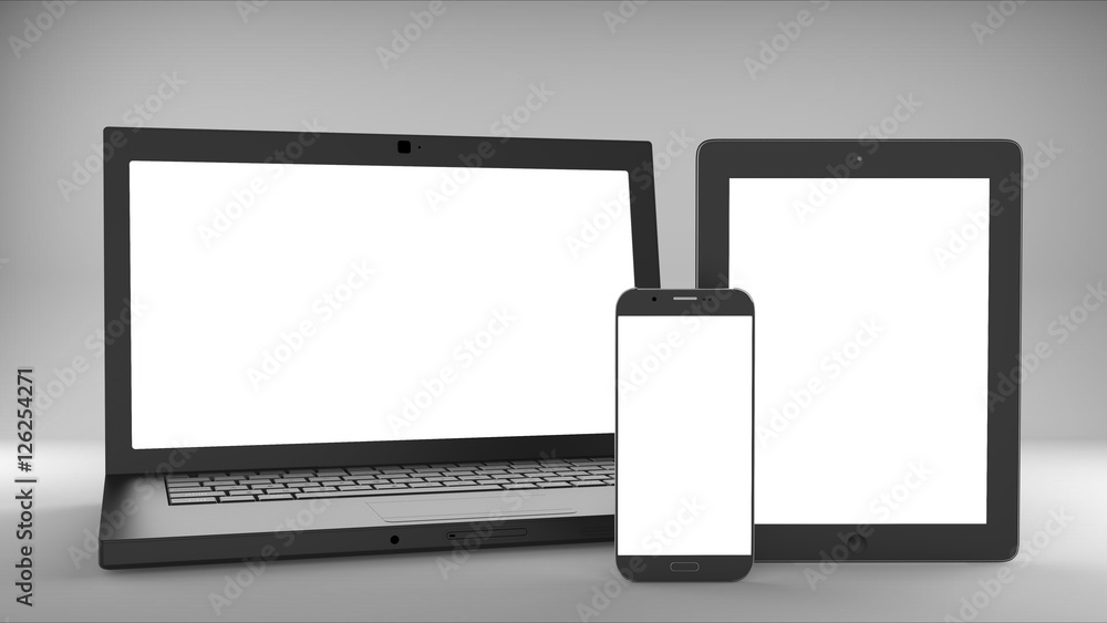 Laptop, smartphone, tablet mockup on gray background. 3d illustration. Laptop, smartphone, tablet mockup on gray background. 3d illustration.