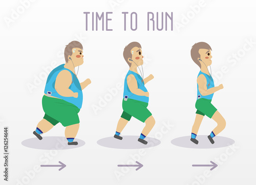 Fat man running to slim shape. Sport and fitness vector concept illustration