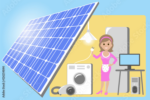 happy young woman standing among the household appliances. Housewife in house powered by solar panels electricity. Vector flat design