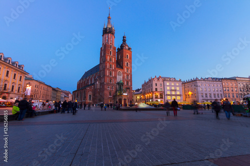 Market square with st Mary cathedral church in Krakow at night, Poland
