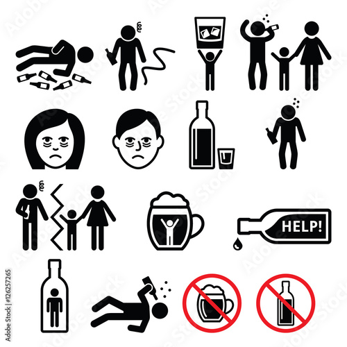 Alcoholism, drunk man, alcohol addiction icons 