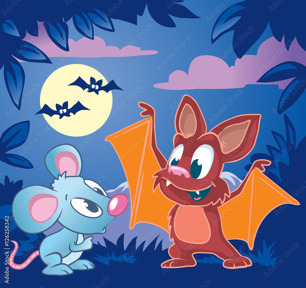 Cute little bat explains to little mouse how to fly. Cartoon vector  illustration Stock Vector | Adobe Stock