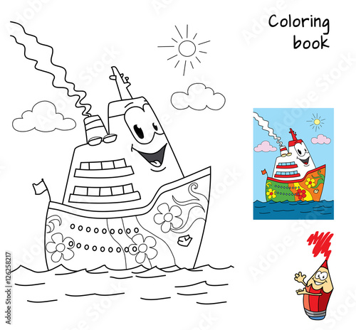 Funny cartoon ship. Coloring book. Cartoon vector illustration