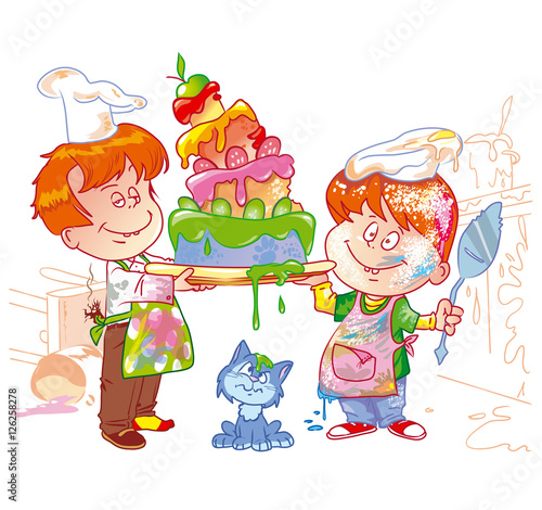 Two little chefs cooked up a big cake with sausage, cucumber and apple and destroyed the kitchen.  Cartoon vector illustration