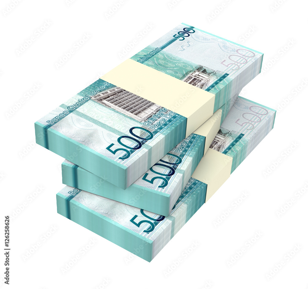 Dominican peso bills isolated on white background. 3D illustration. Dominican peso bills isolated on white background. 3D illustration.