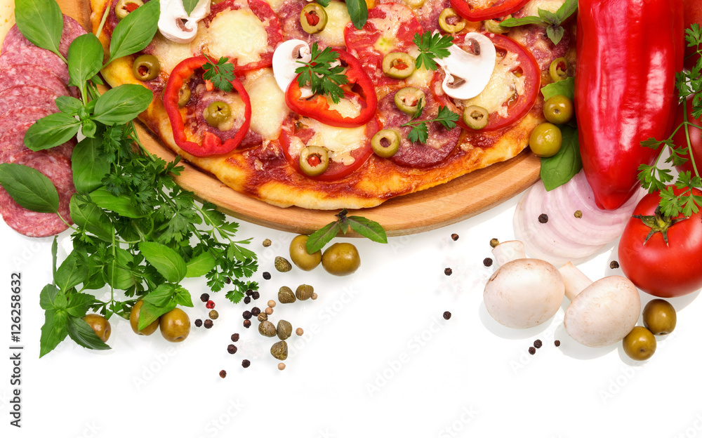 Pizza with mushrooms, sausage and vegetables on white background. Pizza with mushrooms, sausage and vegetables on white background.