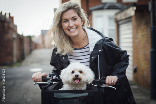 Fotografie Happy Dog in a Bicycle Basket
