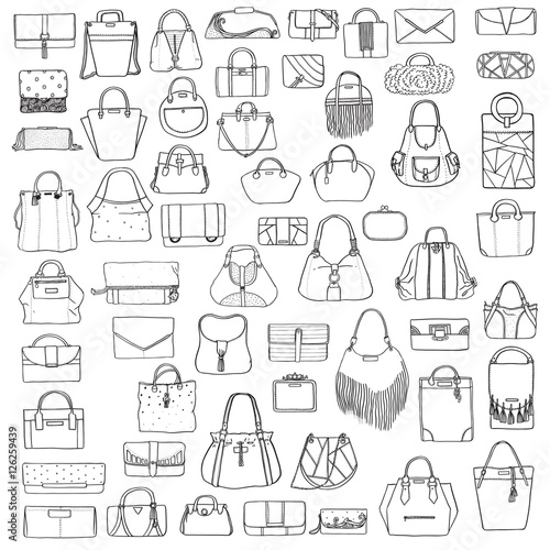 Large vector set of black and white doddle fashion bags, hand drawn with black ink, isolated on white background. Illustration with group of various handbag, purse, pouch, satchel, clutch, bag