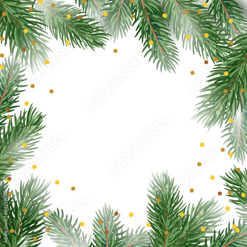 Happy New Year banner or greeting card. Fir tree border, gold confetti. Vector eps 10.