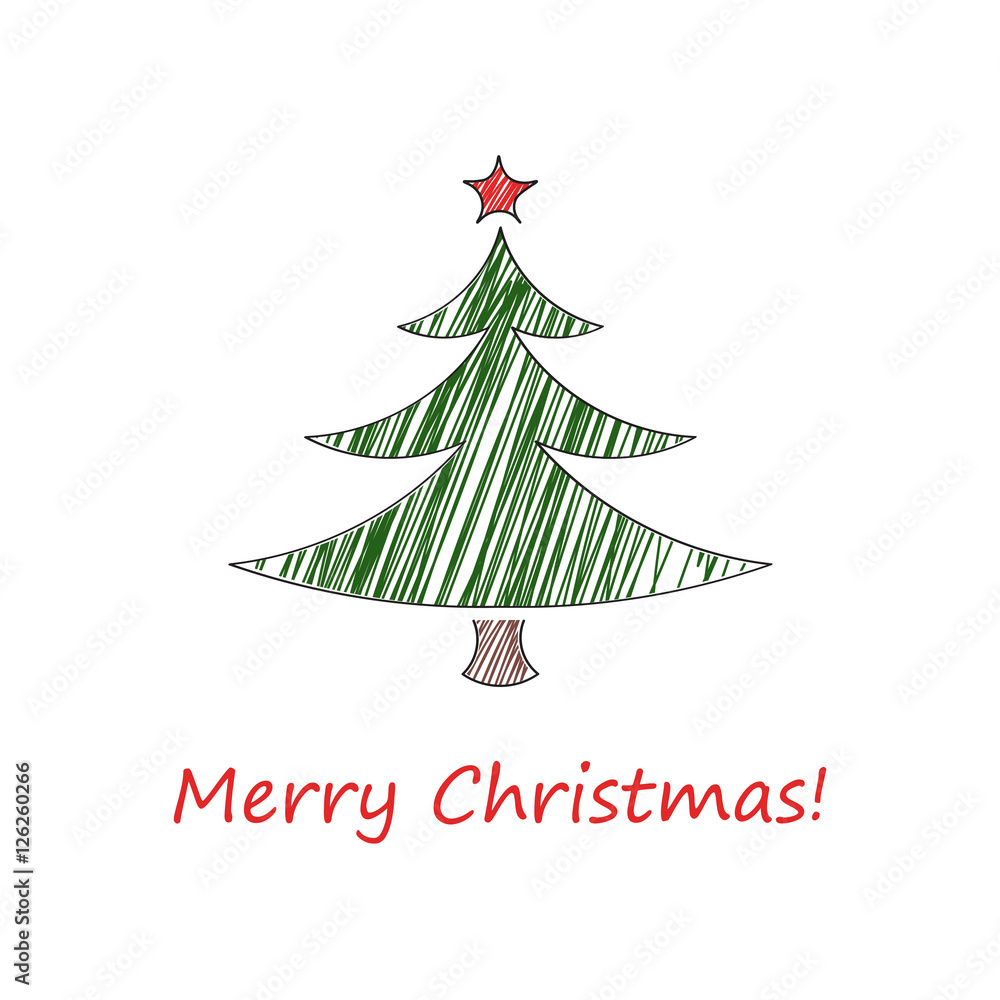 Sketch of christmas card. Fir tree with a red star and with the inscription Merry Christmas. Vector illustration. Modern flat design. Sketch of christmas card. Fir tree with a red star and with the inscription Merry Christmas. Vector illustration. Modern flat design.
